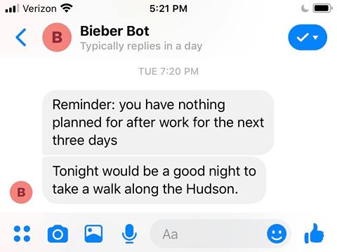 A message from Bieber Bot suggesting I take a walk along the Hudson River.