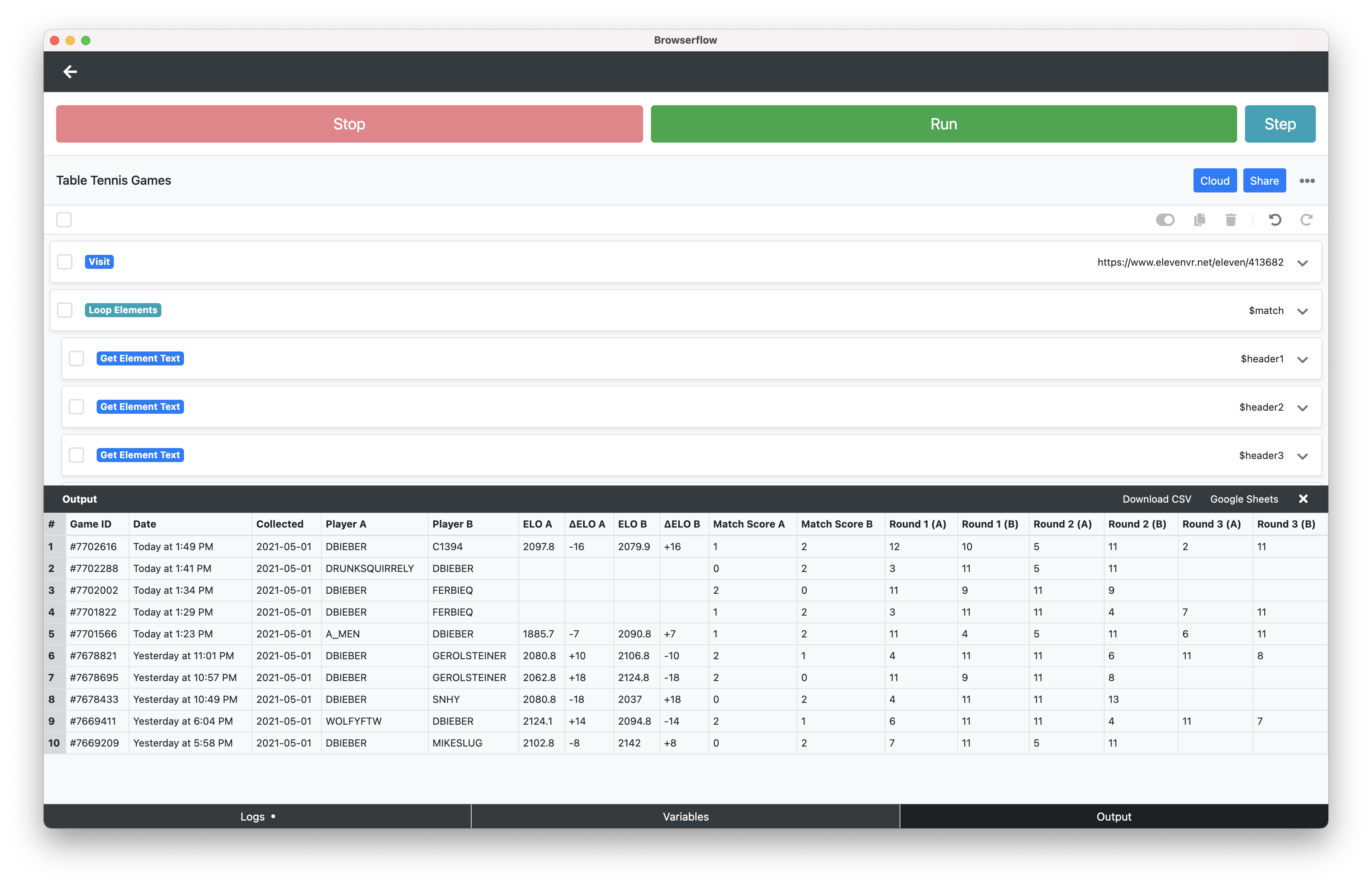 Complete table tennis games flow with collected data